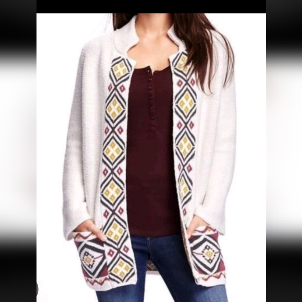 Old Navy Southwest Long Cardigan White Aztec Pattern Size Medium Knit Boho Cozy